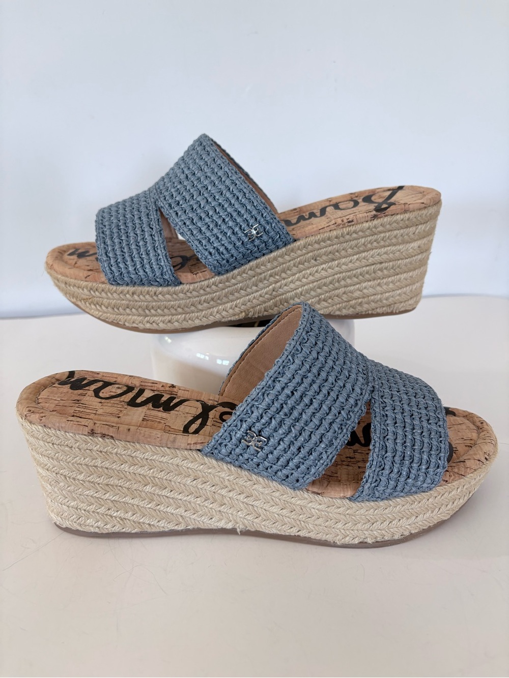 SAM EDELMAN 9.5 ROXANN Blue Upper Espadrille SlipOn Wedge Sandal 3” Heel Summer